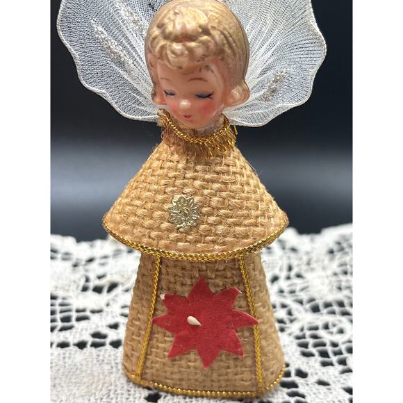 Vintage Burlap Angel Ornaments Set of Two Paper Cone Angels Retro Holiday Decor - Picture 3 of 7